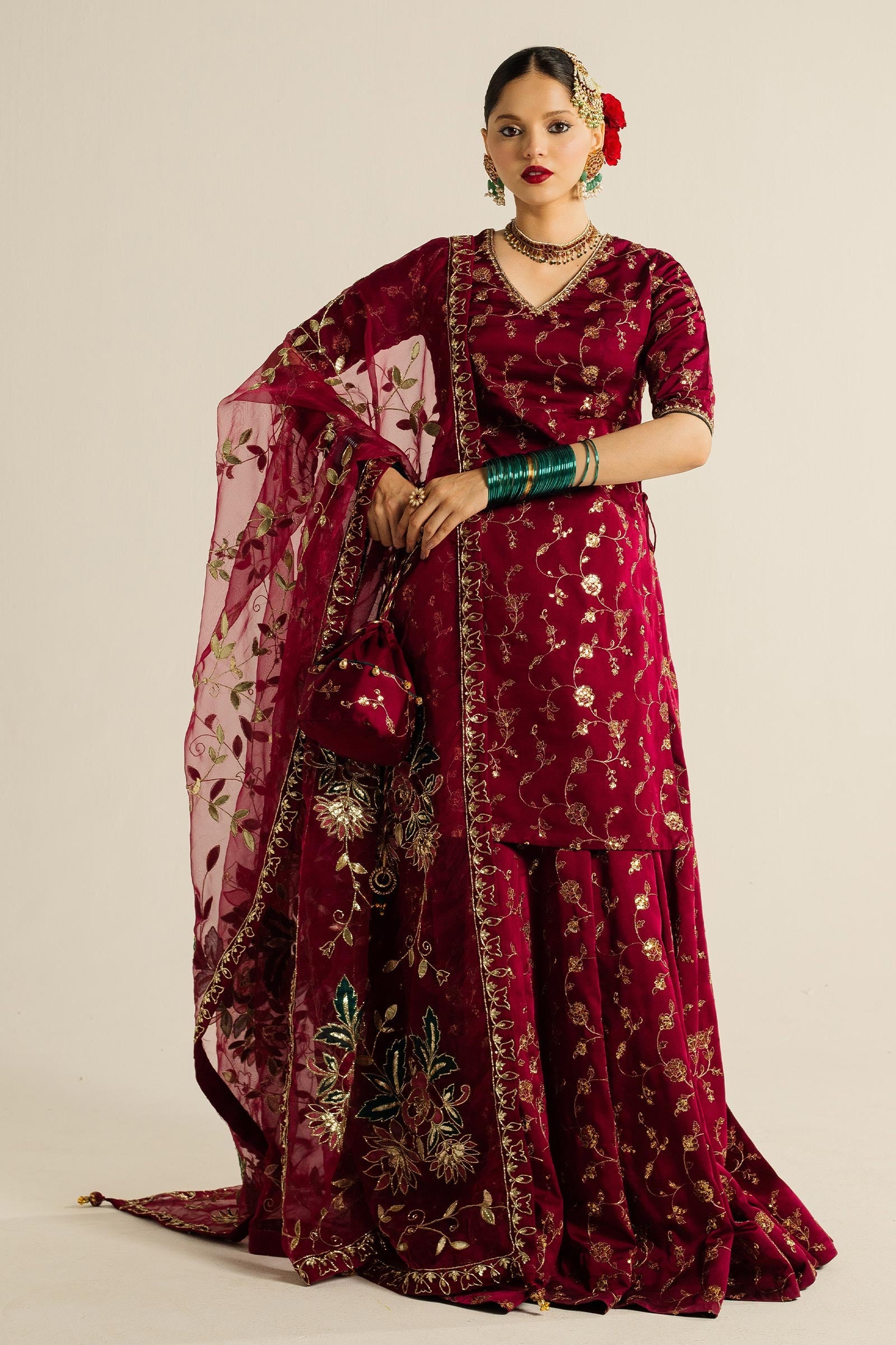 Pakistani Magenta Zardozi Charmeuse Silk Lehenga (3-Piece) - Image 5