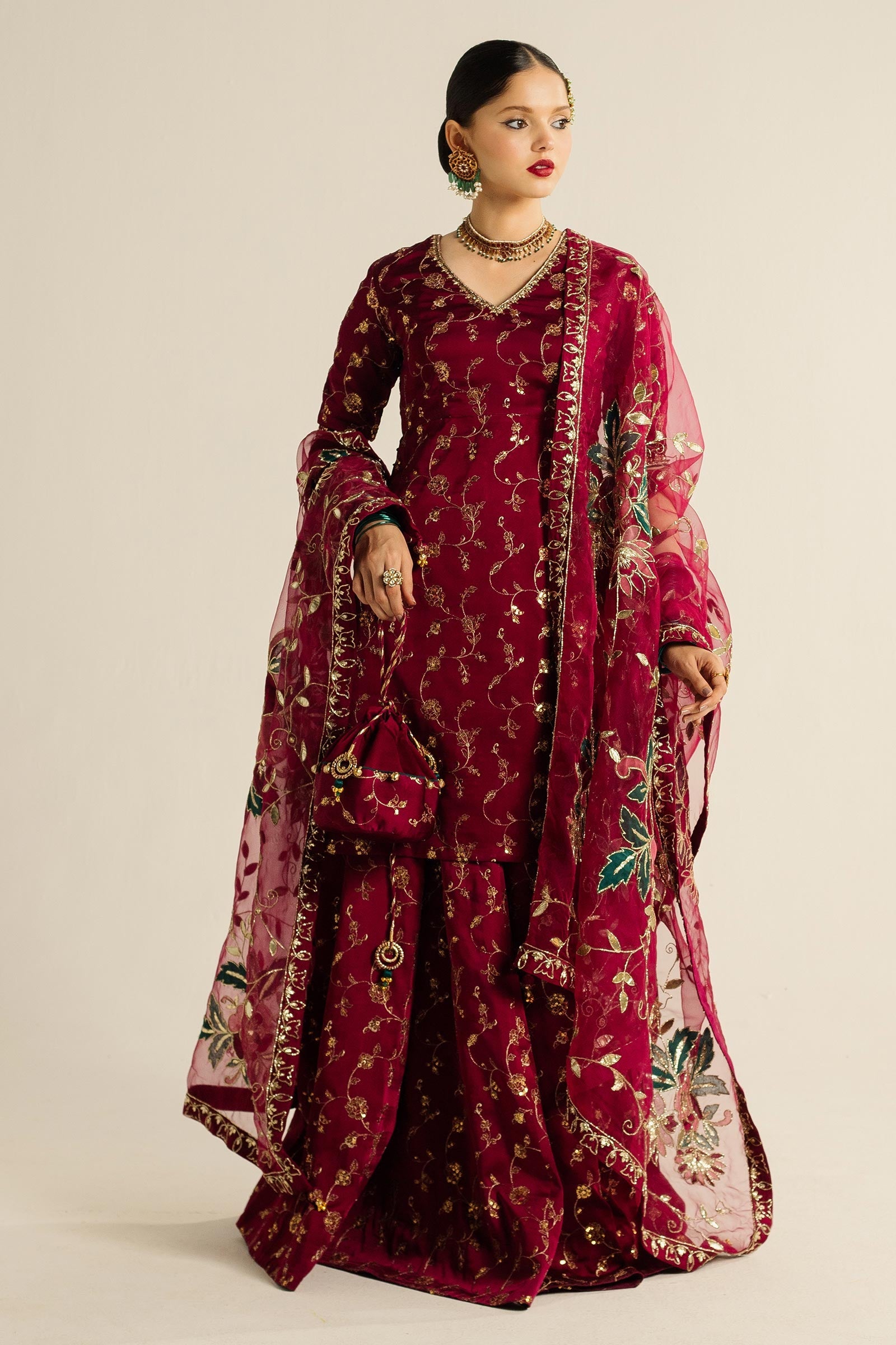 Pakistani Magenta Zardozi Charmeuse Silk Lehenga (3-Piece) - Image 6