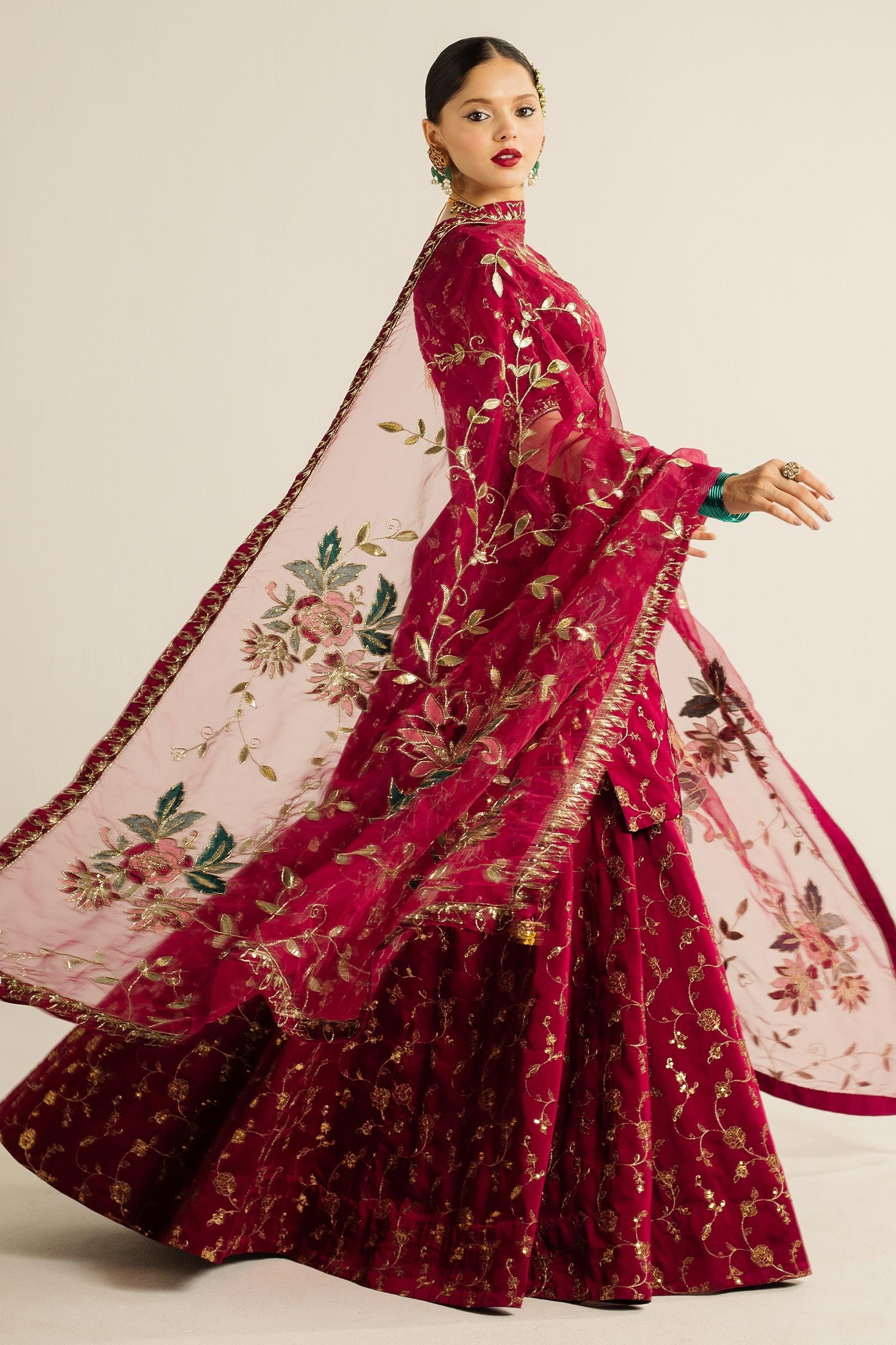 Pakistani Magenta Zardozi Charmeuse Silk Lehenga (3-Piece) - Image 7