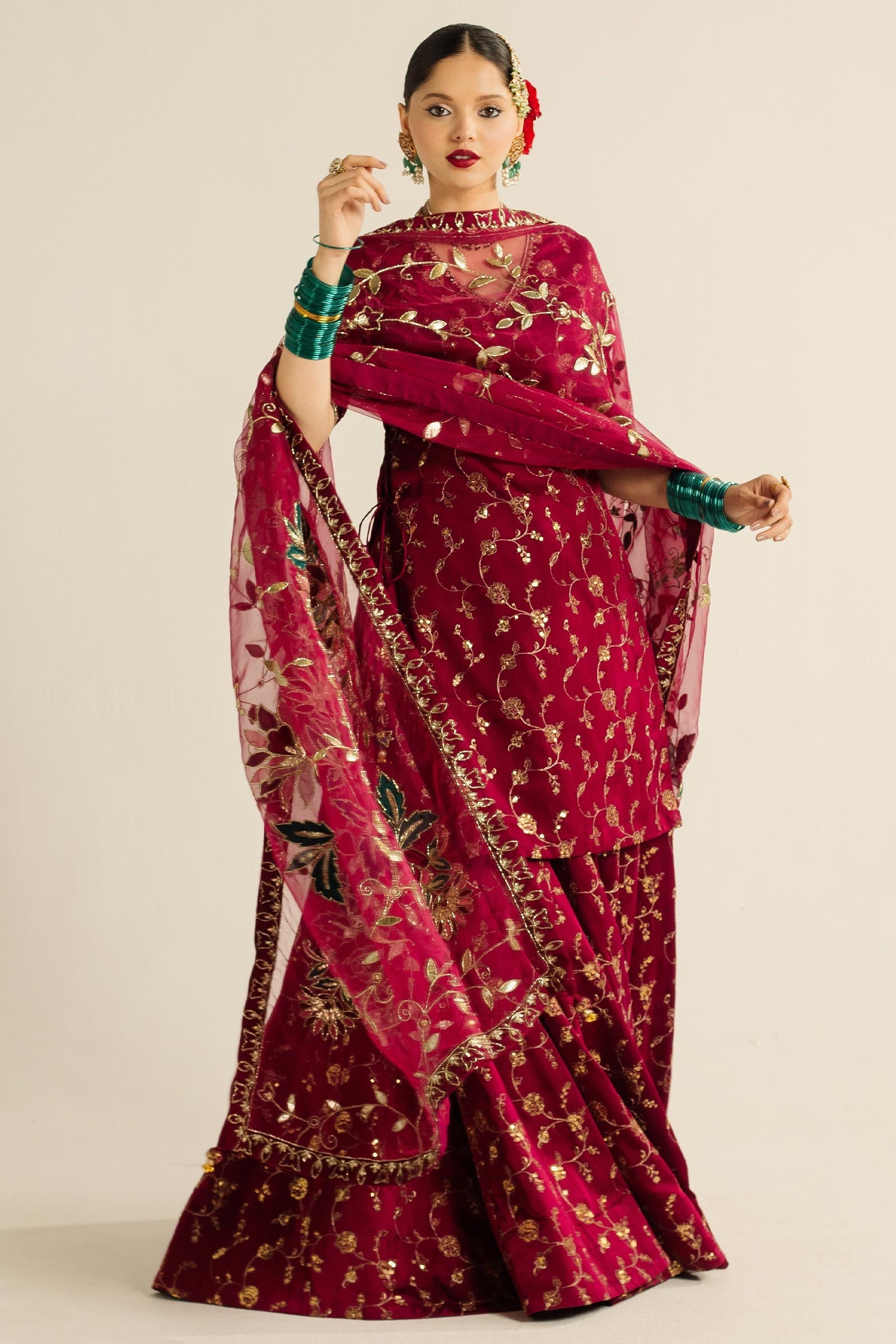 Pakistani Magenta Zardozi Charmeuse Silk Lehenga (3-Piece) - Image 8