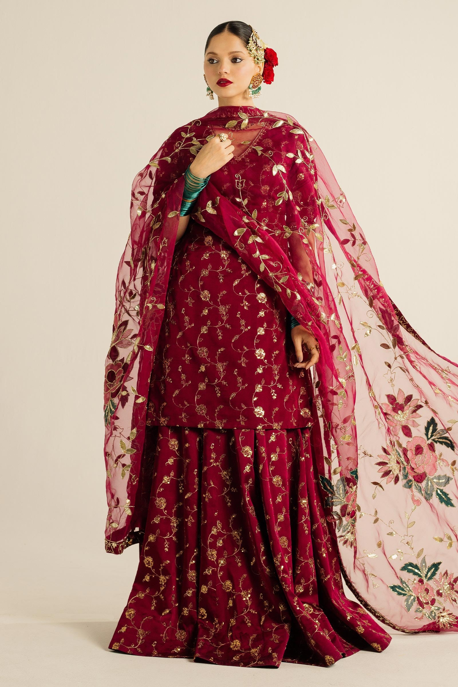 Pakistani Magenta Zardozi Charmeuse Silk Lehenga (3-Piece) - Image 9