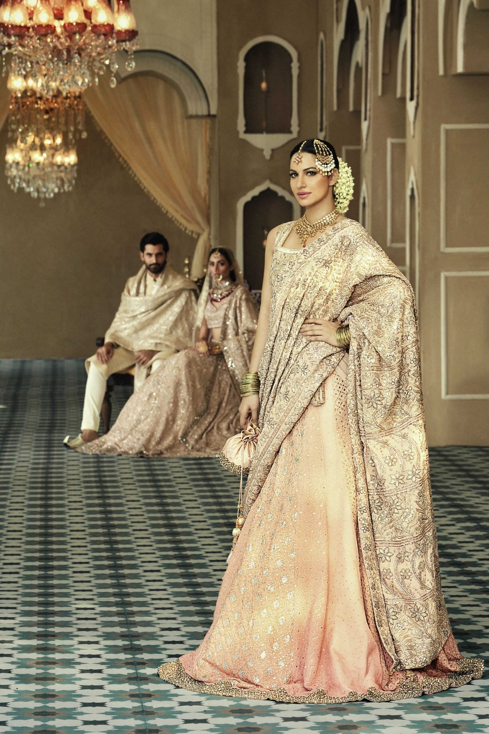 Pakistani Peach Chiffon Chikankari Lehenga Saree (3-Piece) - Image 1