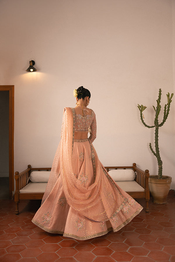 Pakistani Blush Embroidered Chiffon Lehenga (3-Piece) - Image 11