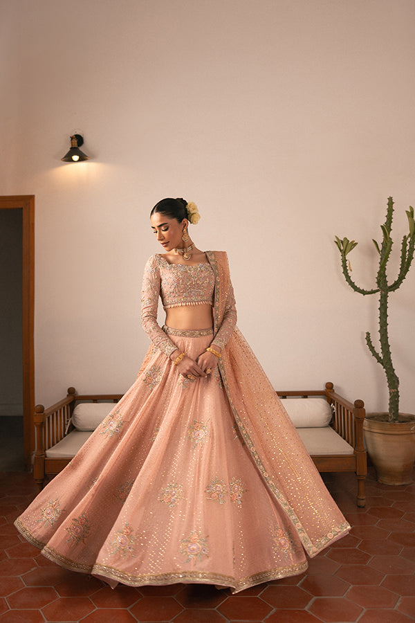 Pakistani Blush Embroidered Chiffon Lehenga (3-Piece) - Image 9