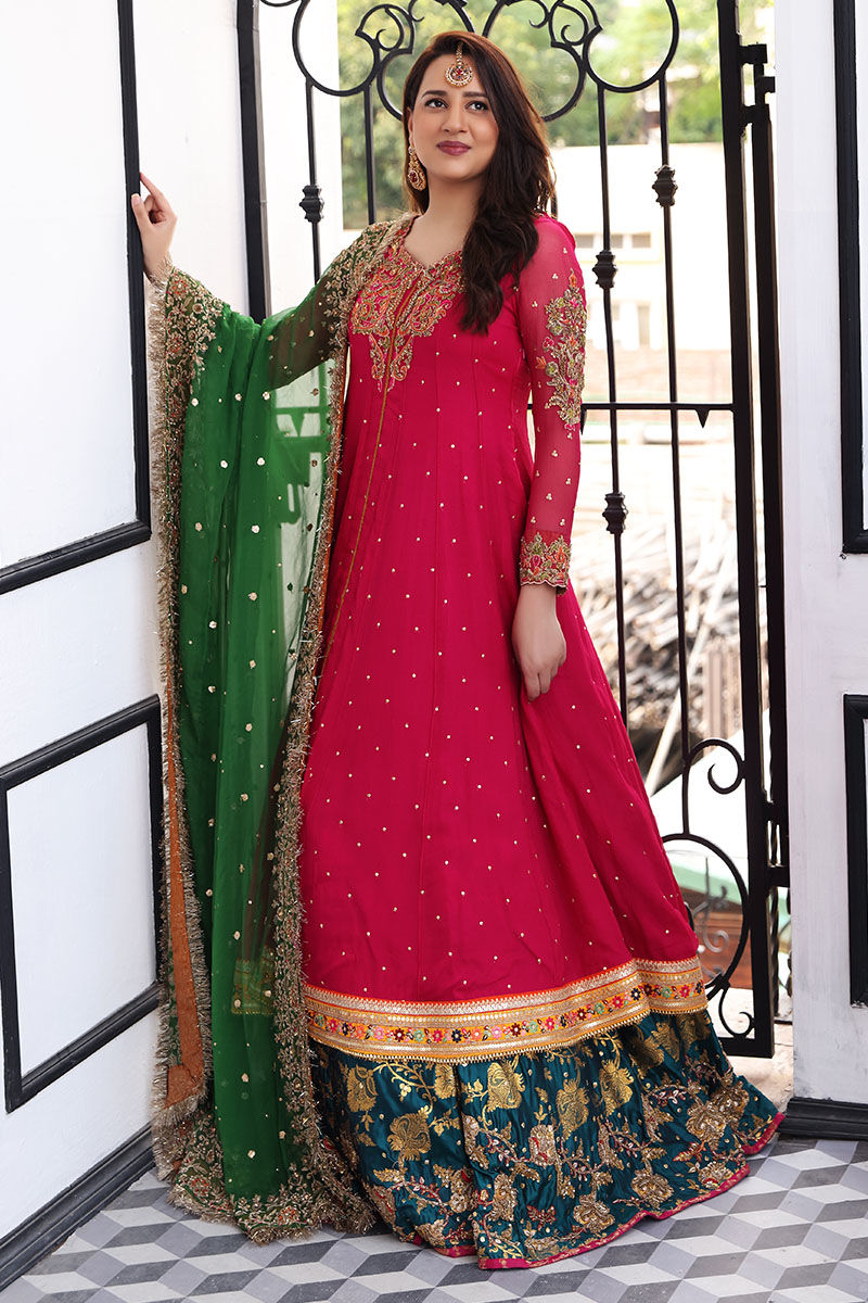 Rose Pink Embroidered Chiffon Frock with Teal Lehenga (3-Piece) - Image 1
