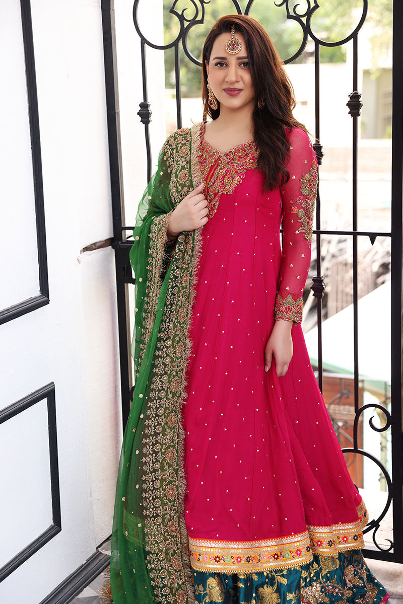 Rose Pink Embroidered Chiffon Frock with Teal Lehenga (3-Piece) - Image 2