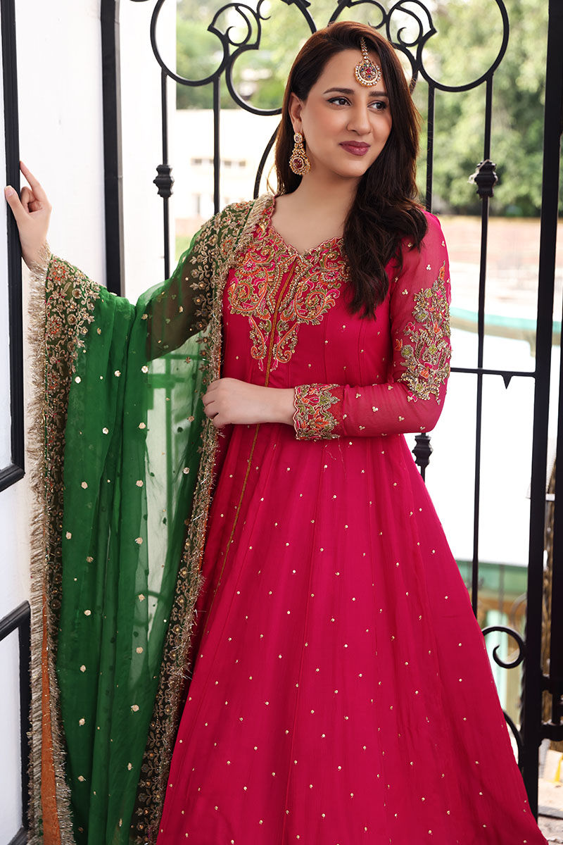 Rose Pink Embroidered Chiffon Frock with Teal Lehenga (3-Piece) - Image 3