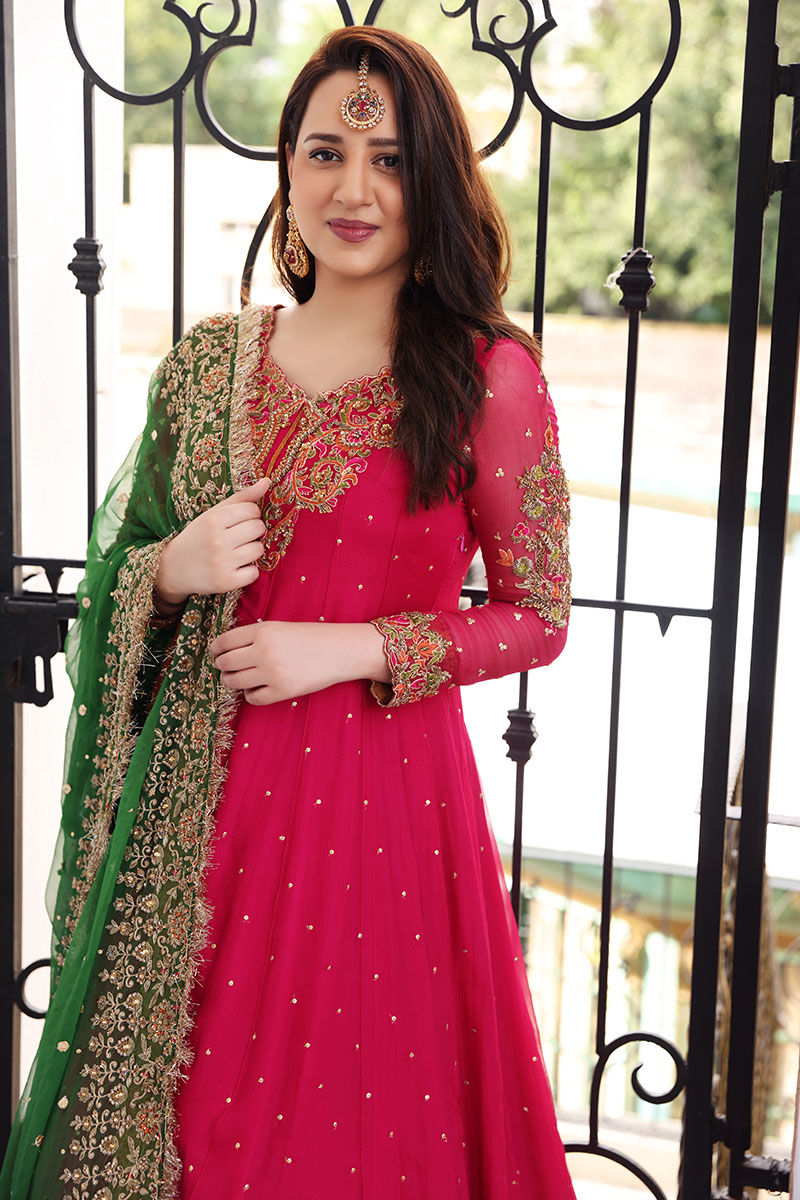 Rose Pink Embroidered Chiffon Frock with Teal Lehenga (3-Piece) - Image 4