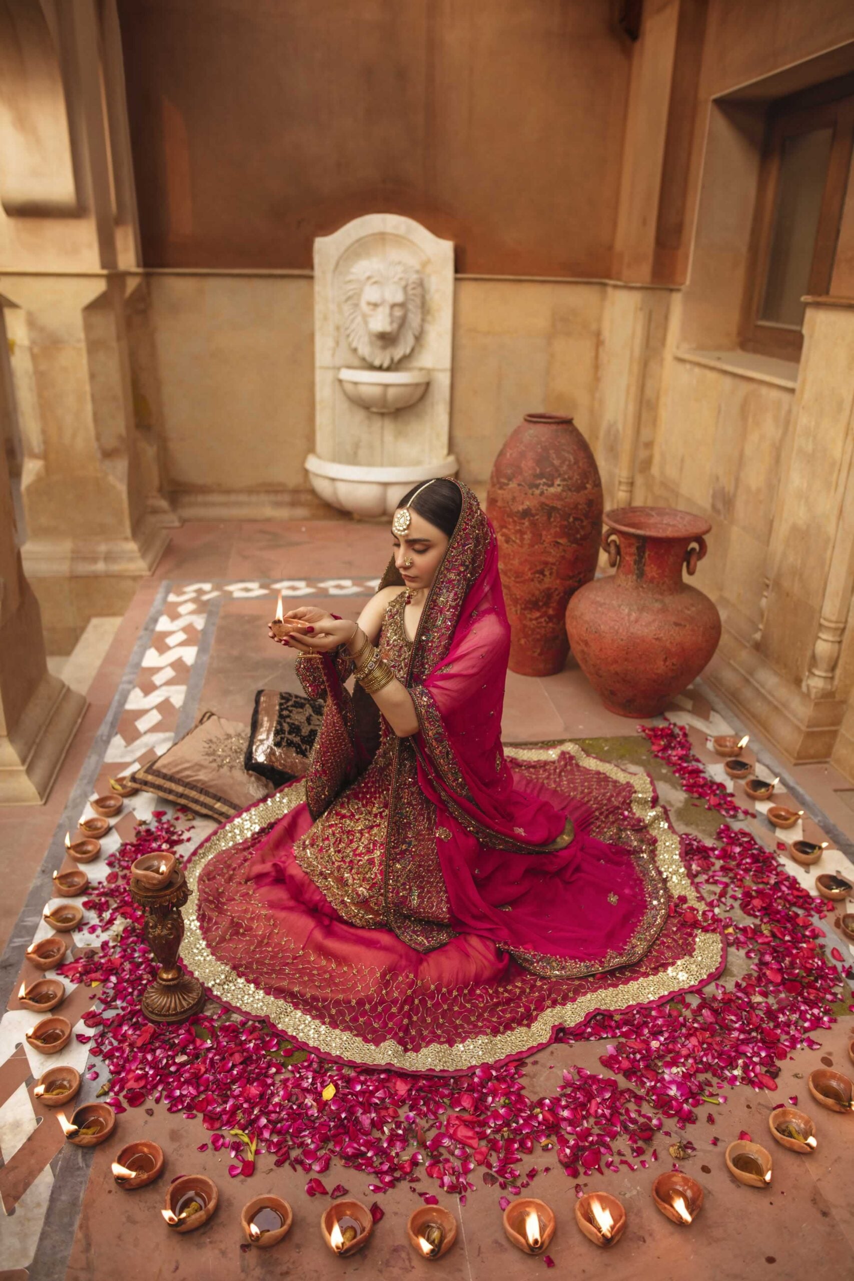 Hot Pink & Champagne Chiffon Lehenga Kameez (3-Piece) - Image 2