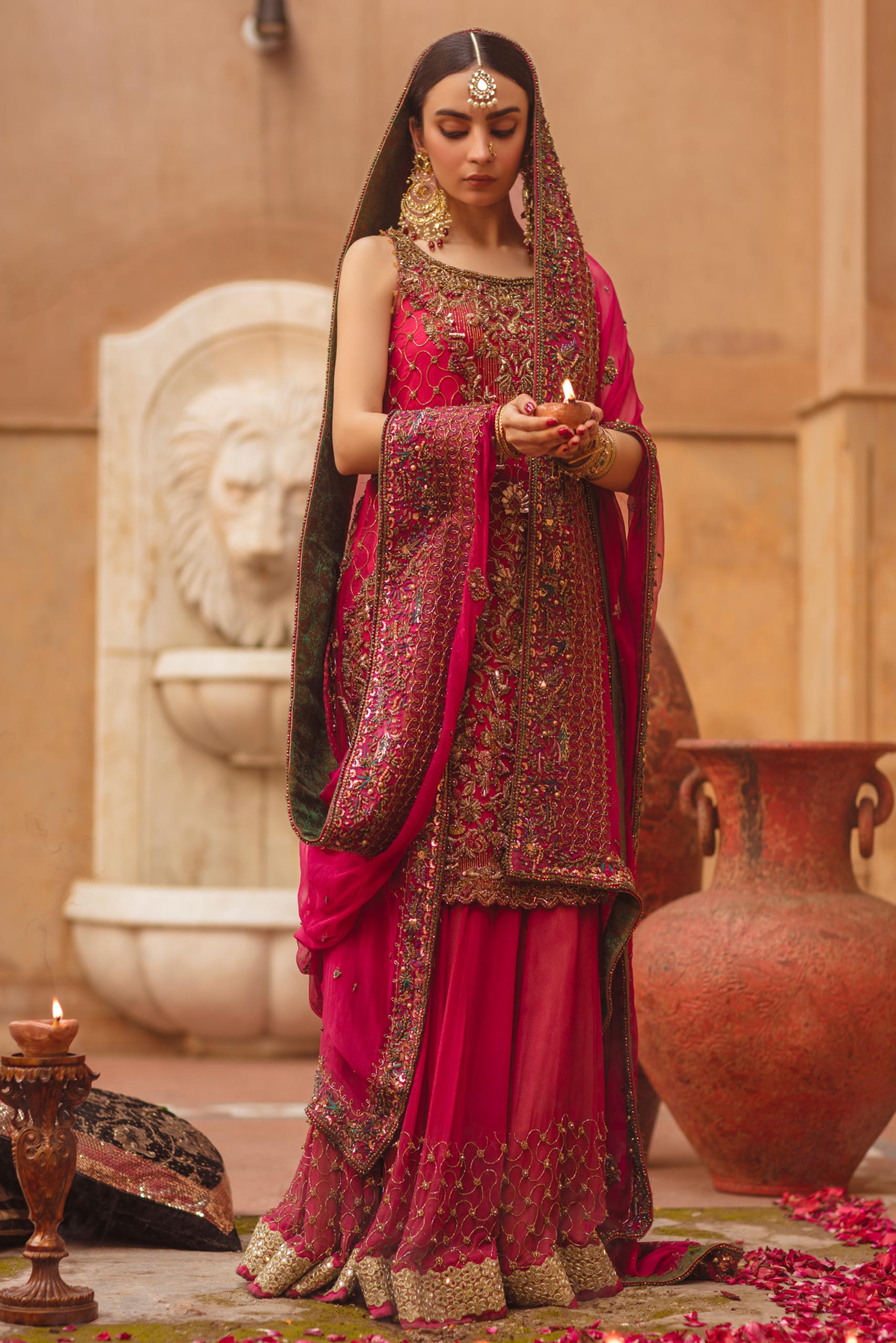 Hot Pink & Champagne Chiffon Lehenga Kameez (3-Piece) - Image 3