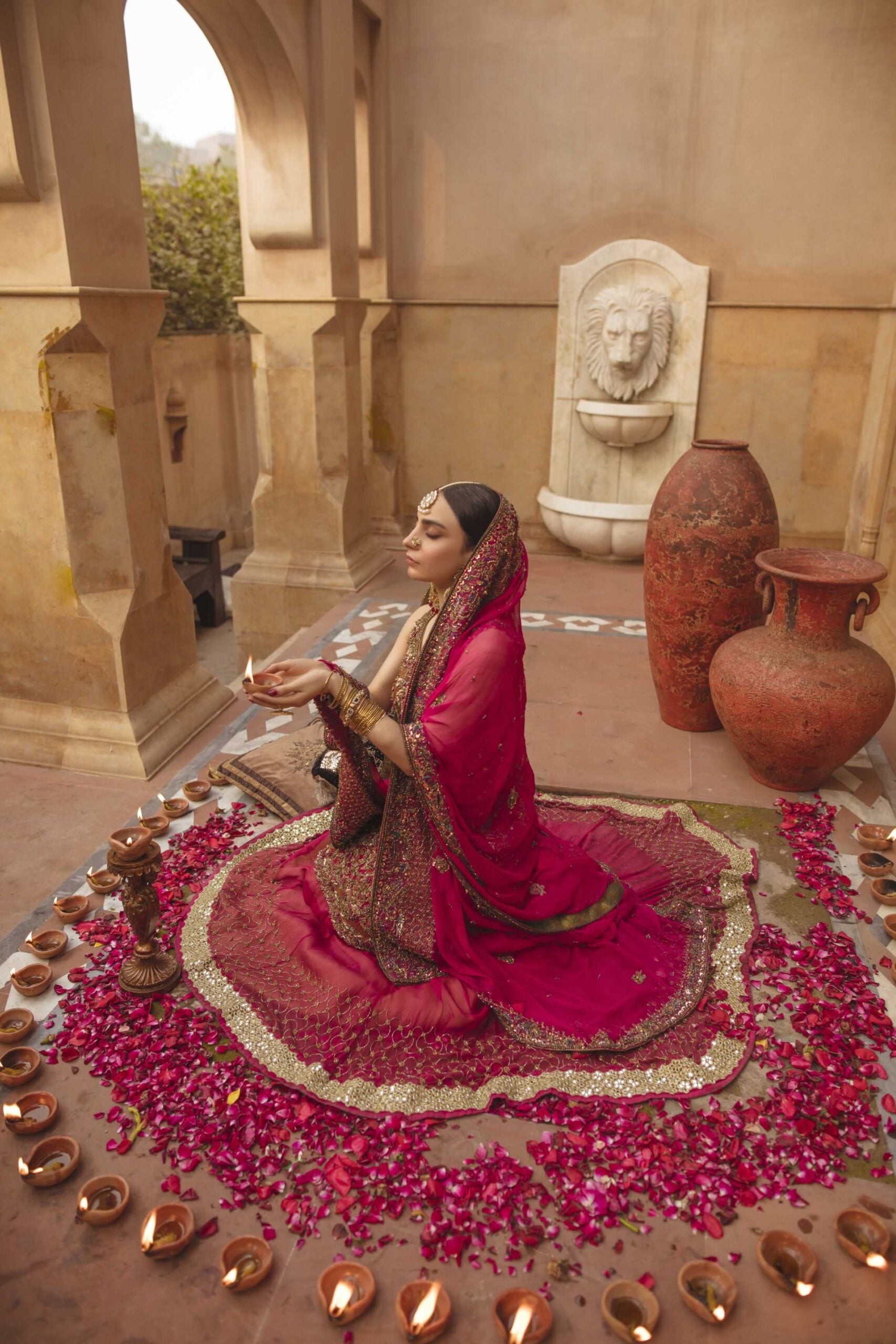 Hot Pink & Champagne Chiffon Lehenga Kameez (3-Piece) - Image 4