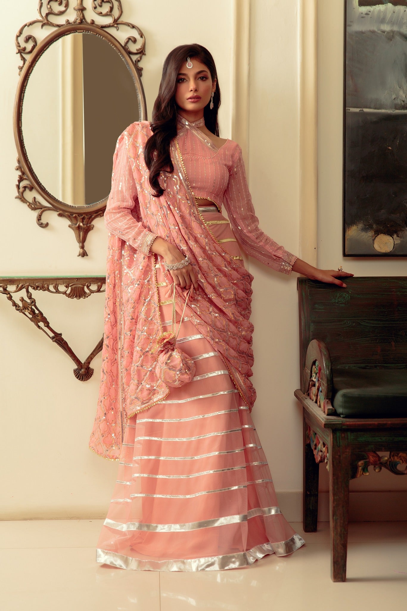 Blush Pink Gota Embroidered Chiffon & Net Lehenga (3-Piece) - Image 1