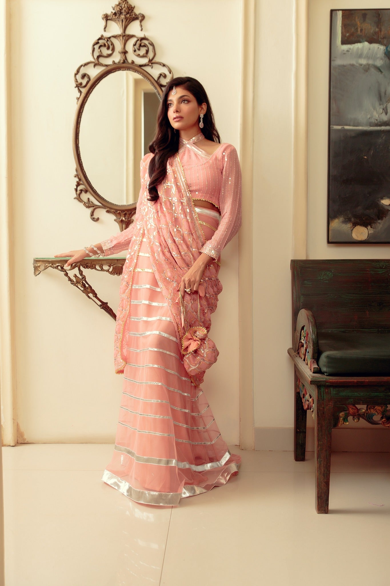 Blush Pink Gota Embroidered Chiffon & Net Lehenga (3-Piece) - Image 2
