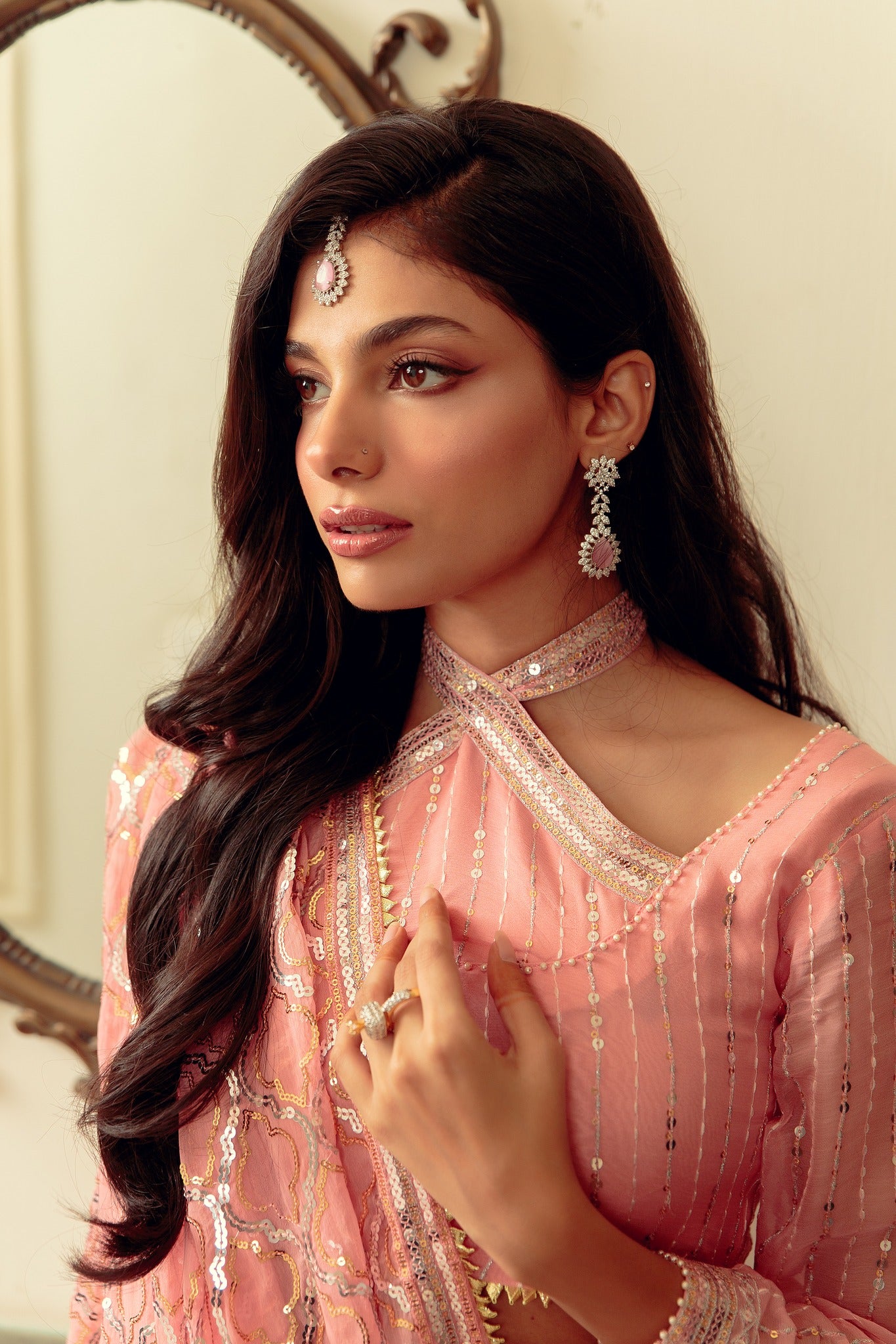 Blush Pink Gota Embroidered Chiffon & Net Lehenga (3-Piece) - Image 3