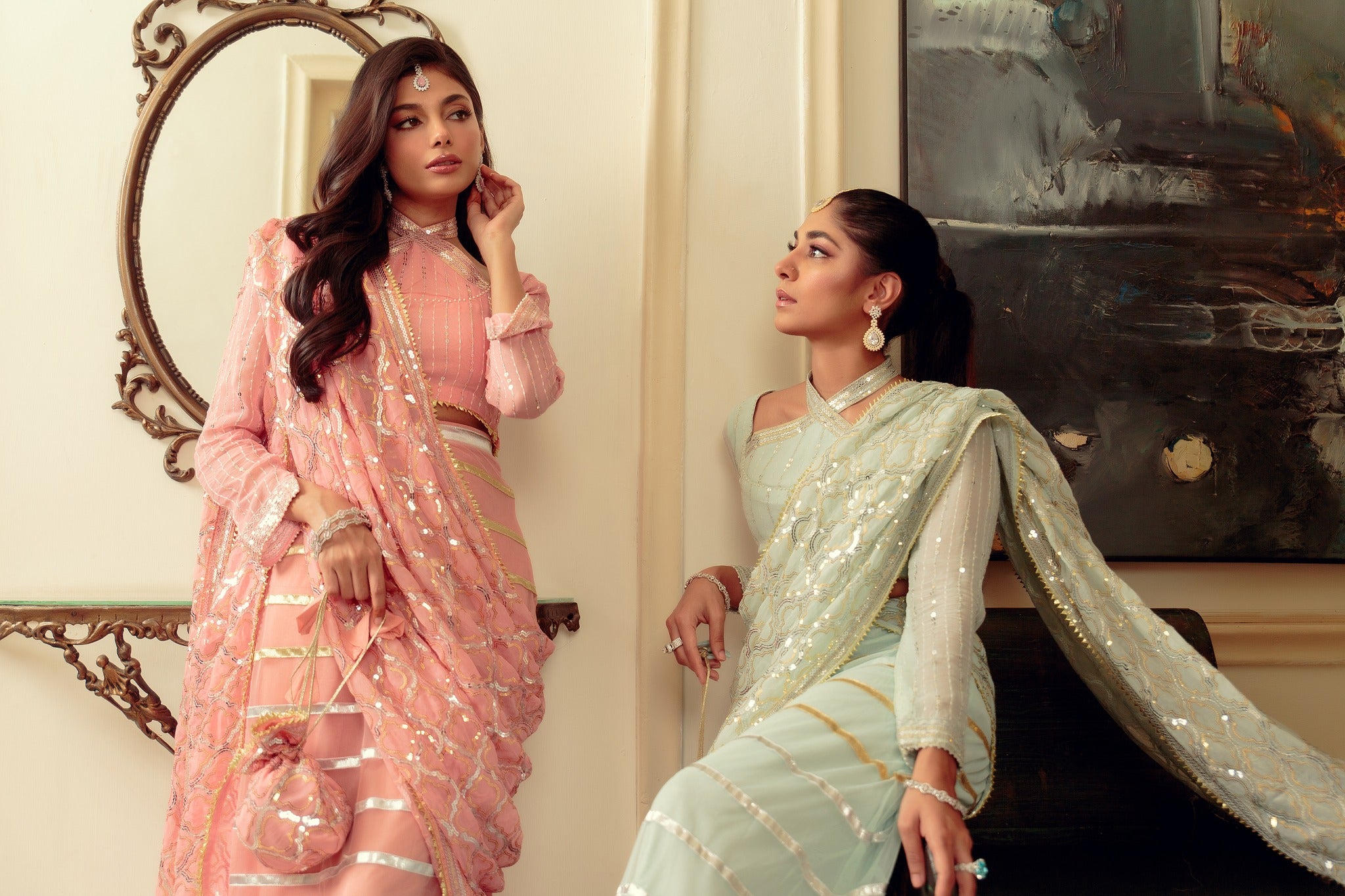 Blush Pink Gota Embroidered Chiffon & Net Lehenga (3-Piece) - Image 4