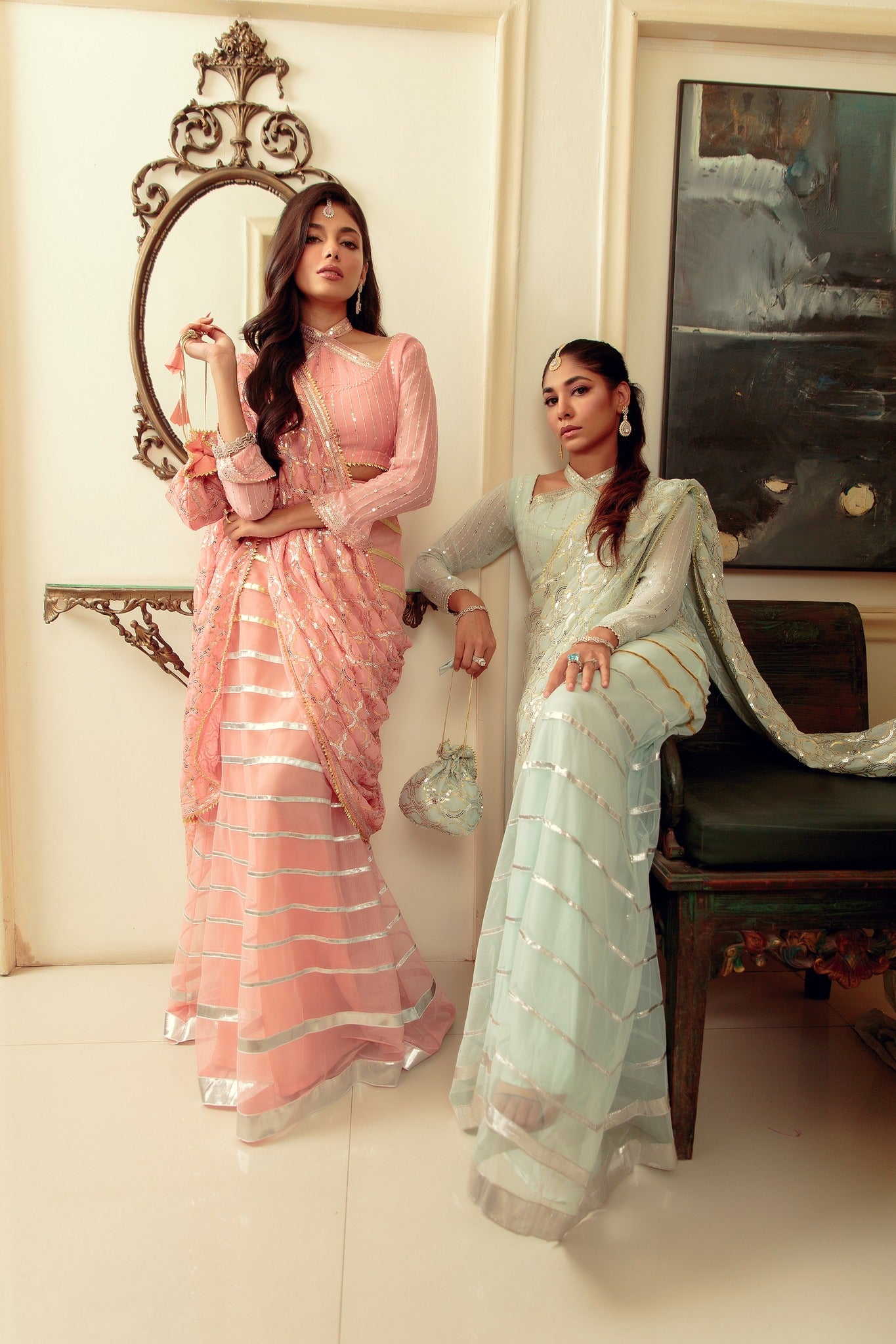 Blush Pink Gota Embroidered Chiffon & Net Lehenga (3-Piece) - Image 5