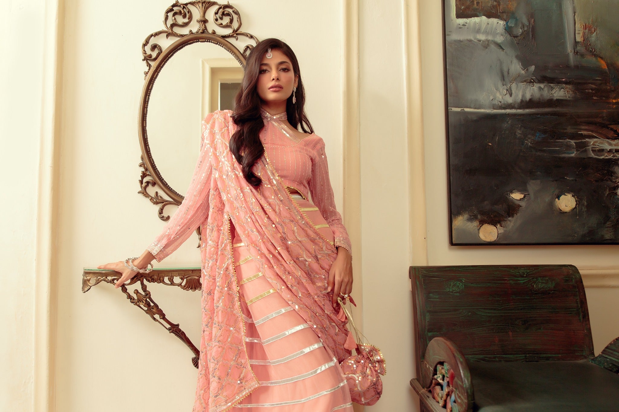 Blush Pink Gota Embroidered Chiffon & Net Lehenga (3-Piece) - Image 6