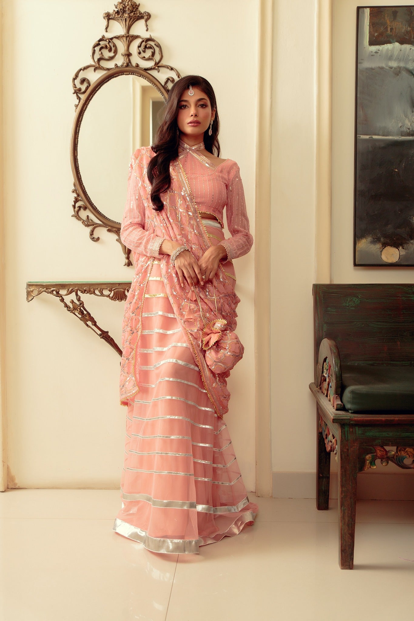 Blush Pink Gota Embroidered Chiffon & Net Lehenga (3-Piece) - Image 7