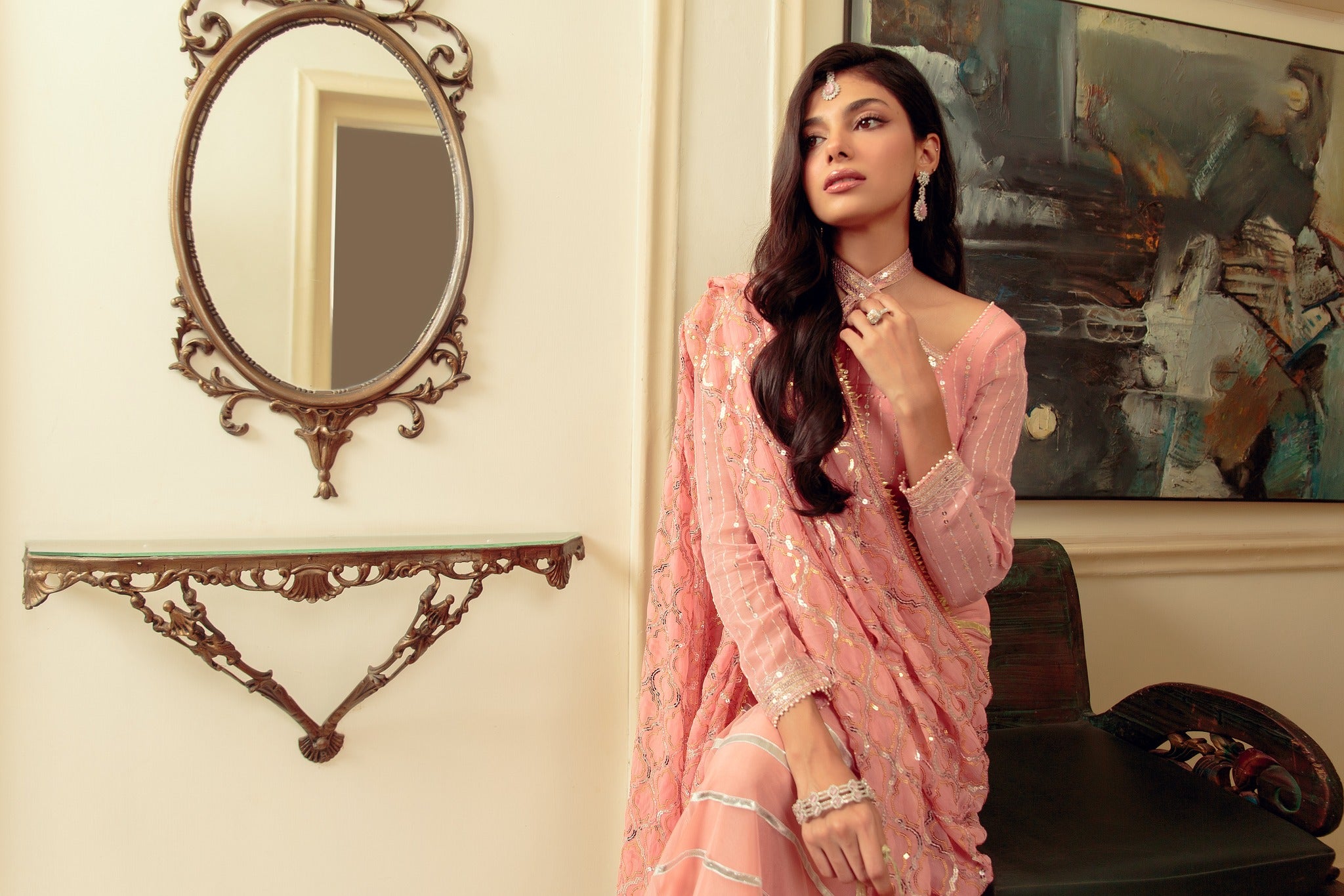 Blush Pink Gota Embroidered Chiffon & Net Lehenga (3-Piece) - Image 8