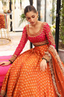 Raspberry Embroidered Chiffon Choli with Rust Jamawar Lehenga (3-Piece) - Image 6