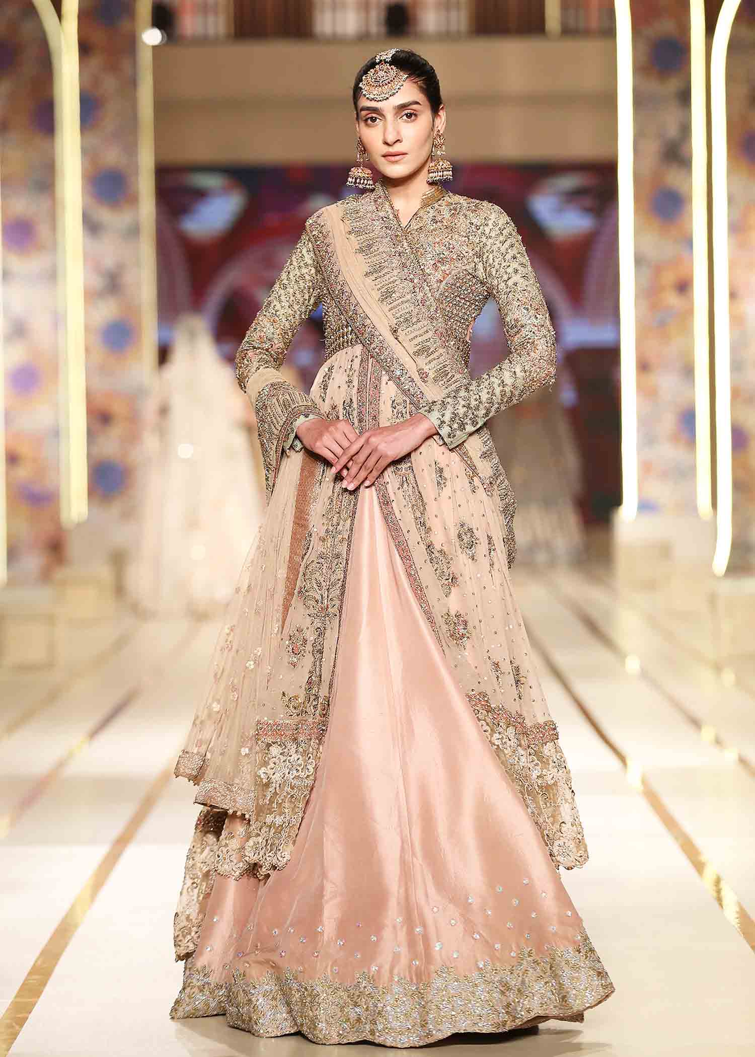 Pakistani Peach Embellished Chiffon Gown with Raw Silk Lehenga (3-Piece) - Image 1