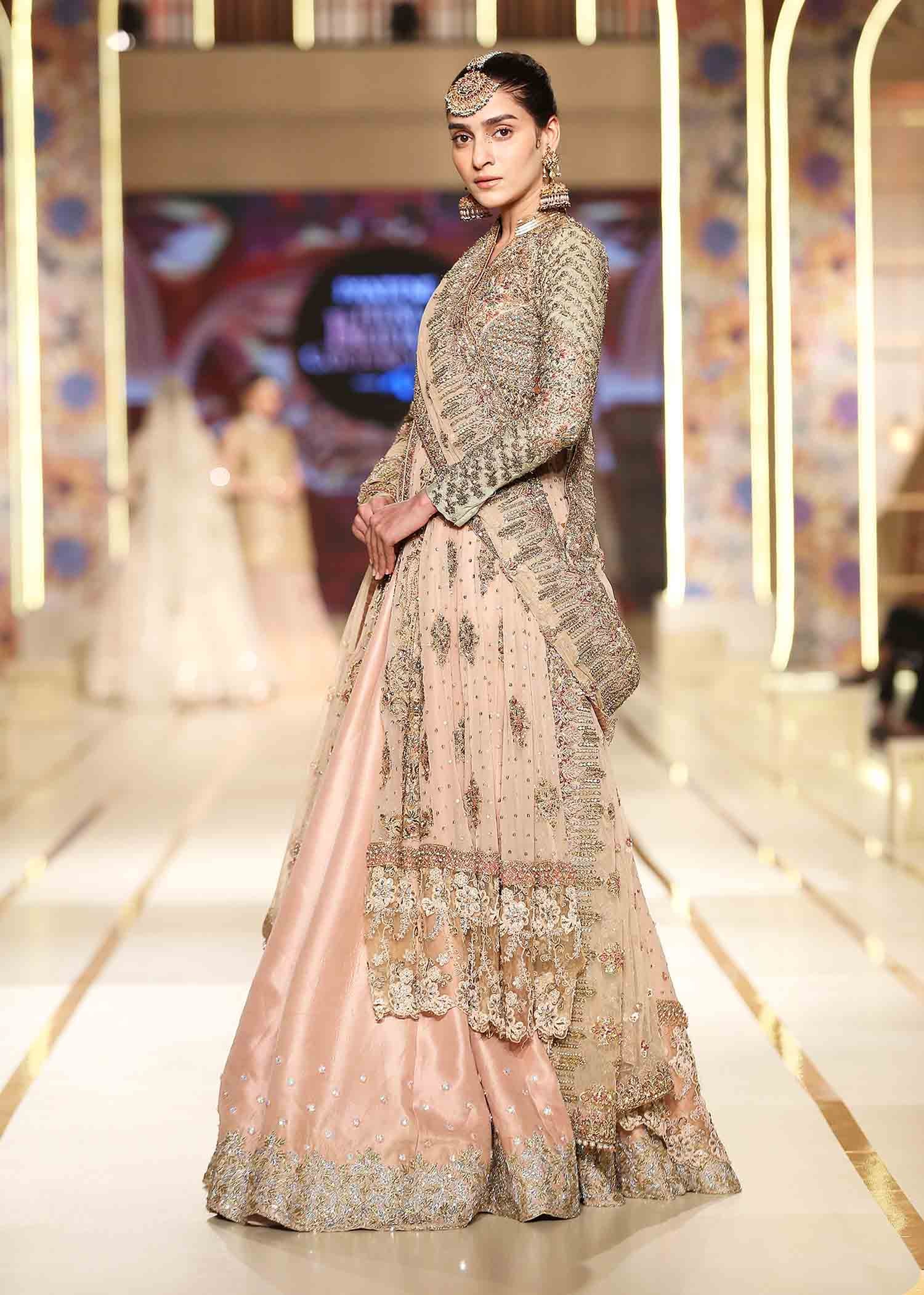 Pakistani Peach Embellished Chiffon Gown with Raw Silk Lehenga (3-Piece) - Image 2