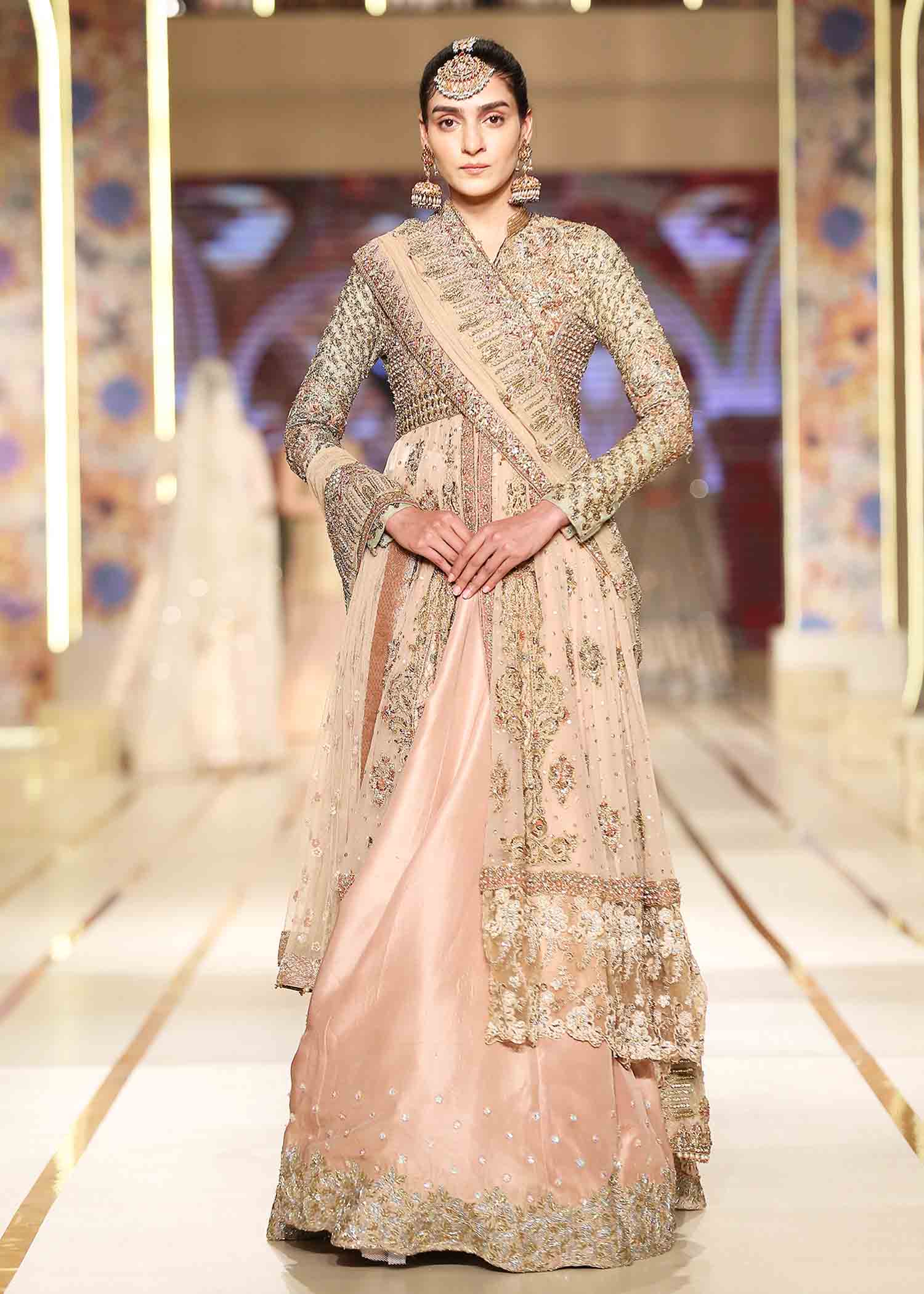 Pakistani Peach Embellished Chiffon Gown with Raw Silk Lehenga (3-Piece) - Image 3