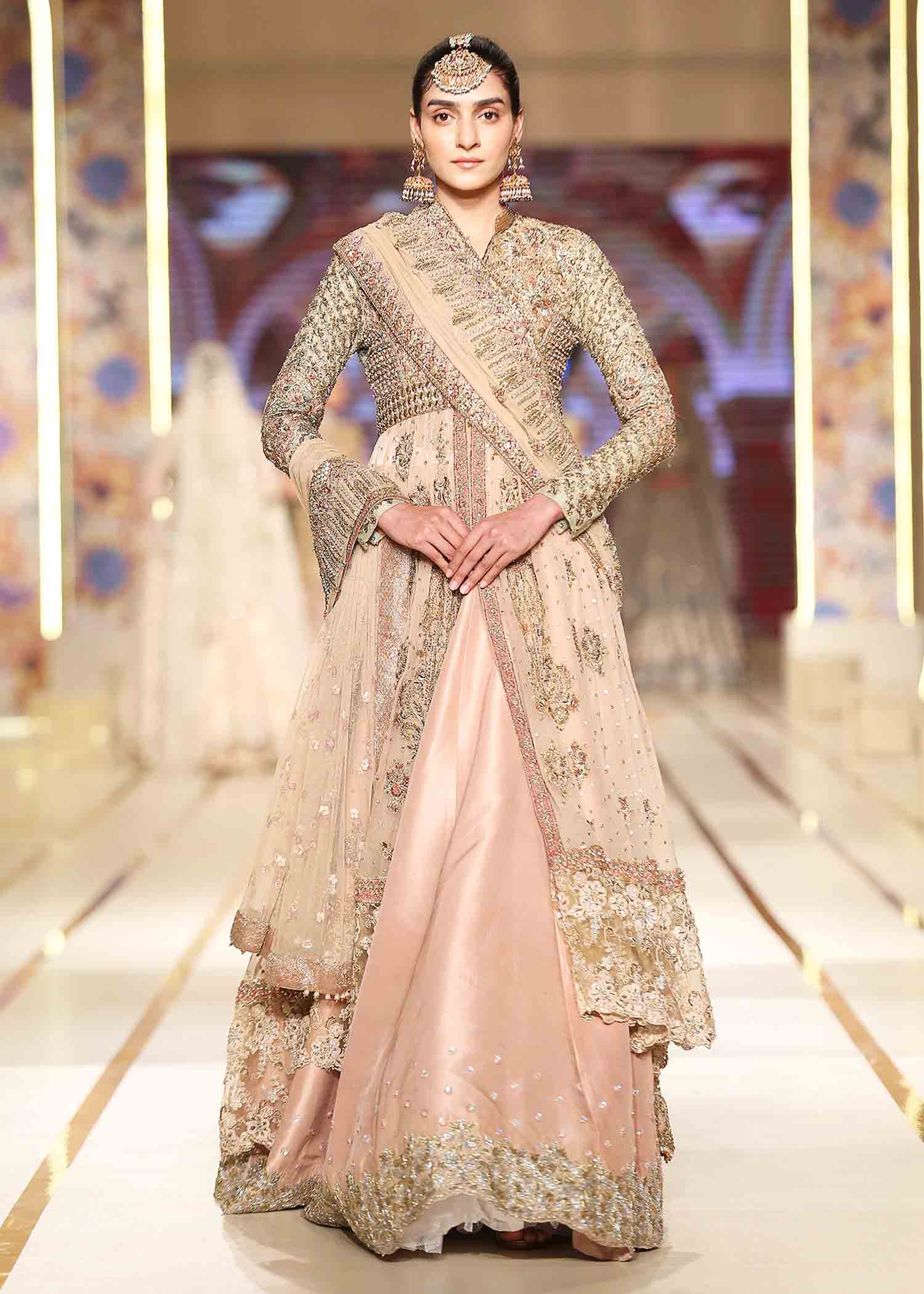 Pakistani Peach Embellished Chiffon Gown with Raw Silk Lehenga (3-Piece) - Image 4
