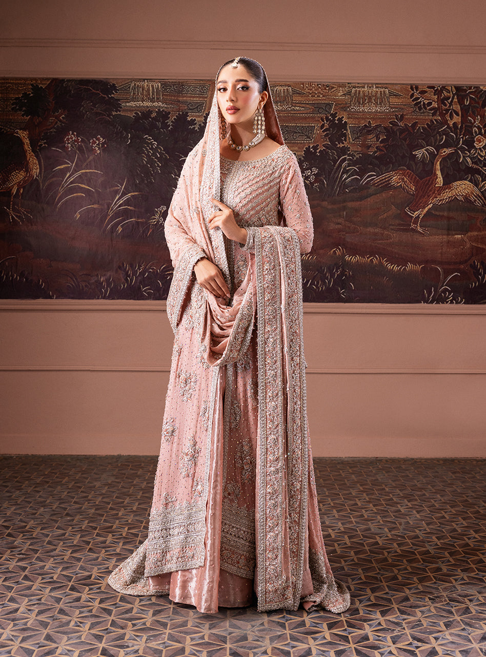 Pakistani Rose Pink Zardozi Chiffon Bridal Lehenga (3-Piece) - Image 1