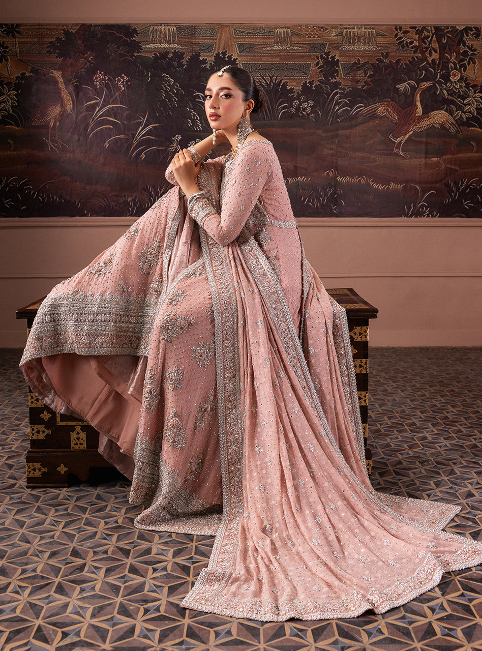 Pakistani Rose Pink Zardozi Chiffon Bridal Lehenga (3-Piece) - Image 11