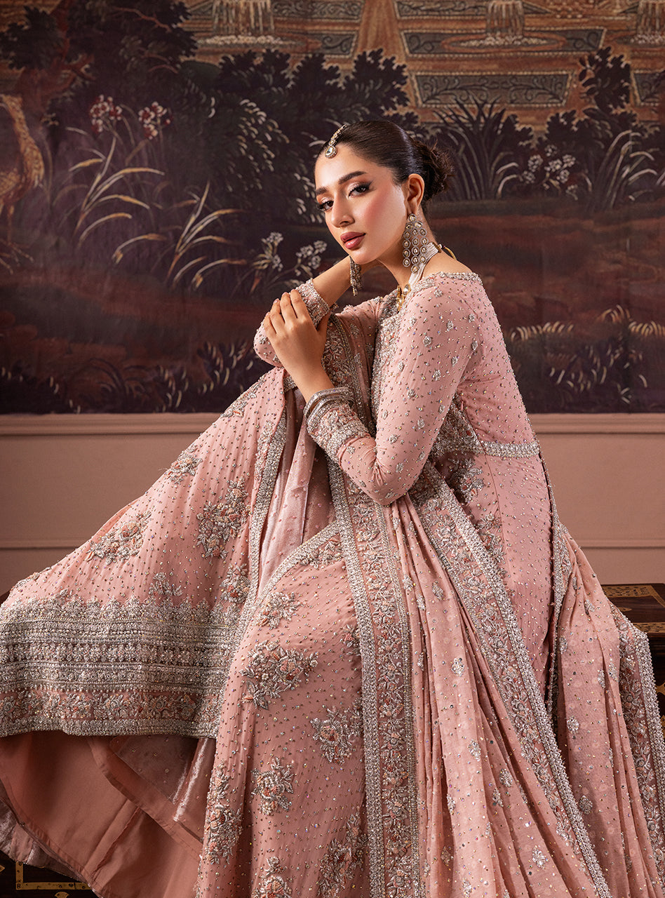 Pakistani Rose Pink Zardozi Chiffon Bridal Lehenga (3-Piece) - Image 12