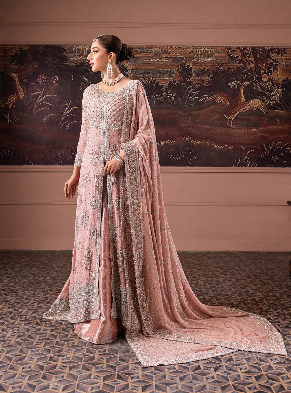 Pakistani Rose Pink Zardozi Chiffon Bridal Lehenga (3-Piece) - Image 3