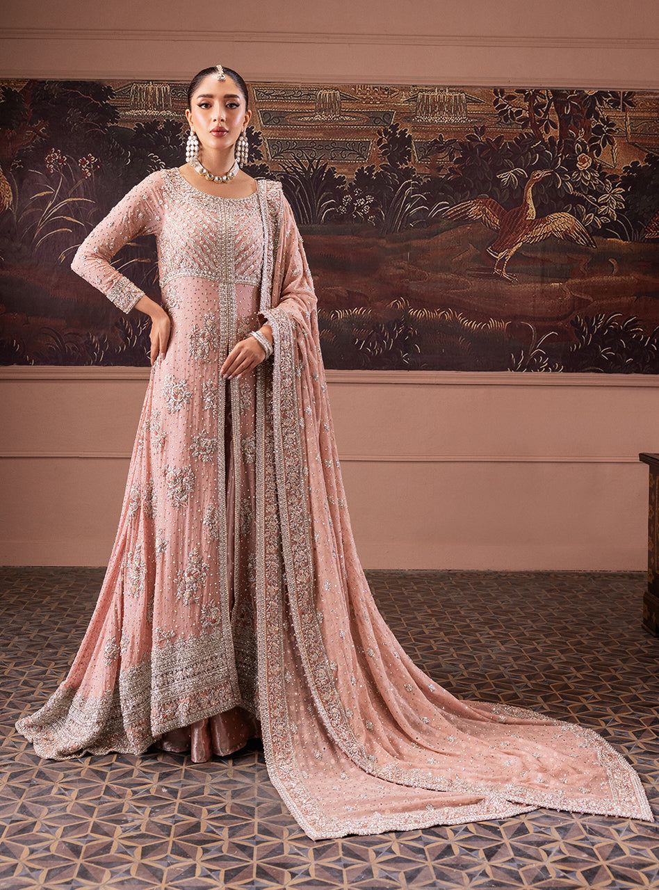 Pakistani Rose Pink Zardozi Chiffon Bridal Lehenga (3-Piece) - Image 4