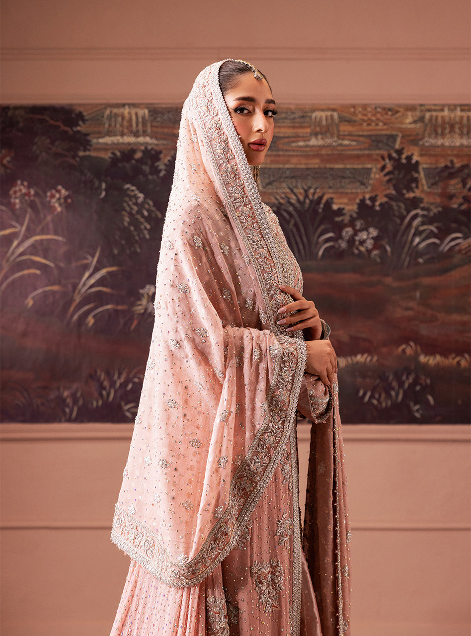 Pakistani Rose Pink Zardozi Chiffon Bridal Lehenga (3-Piece) - Image 8