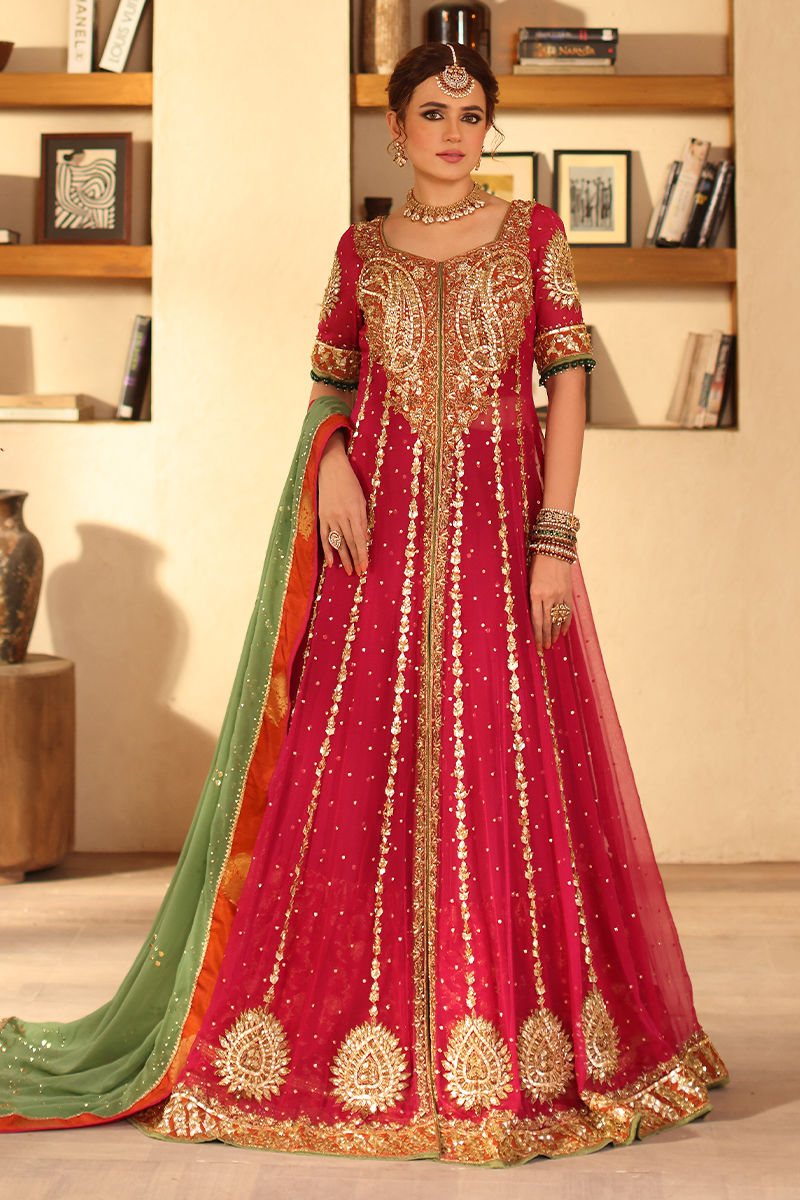 Pink Zardozi Chiffon Kalidaar Lehenga (3-Piece) - Image 1