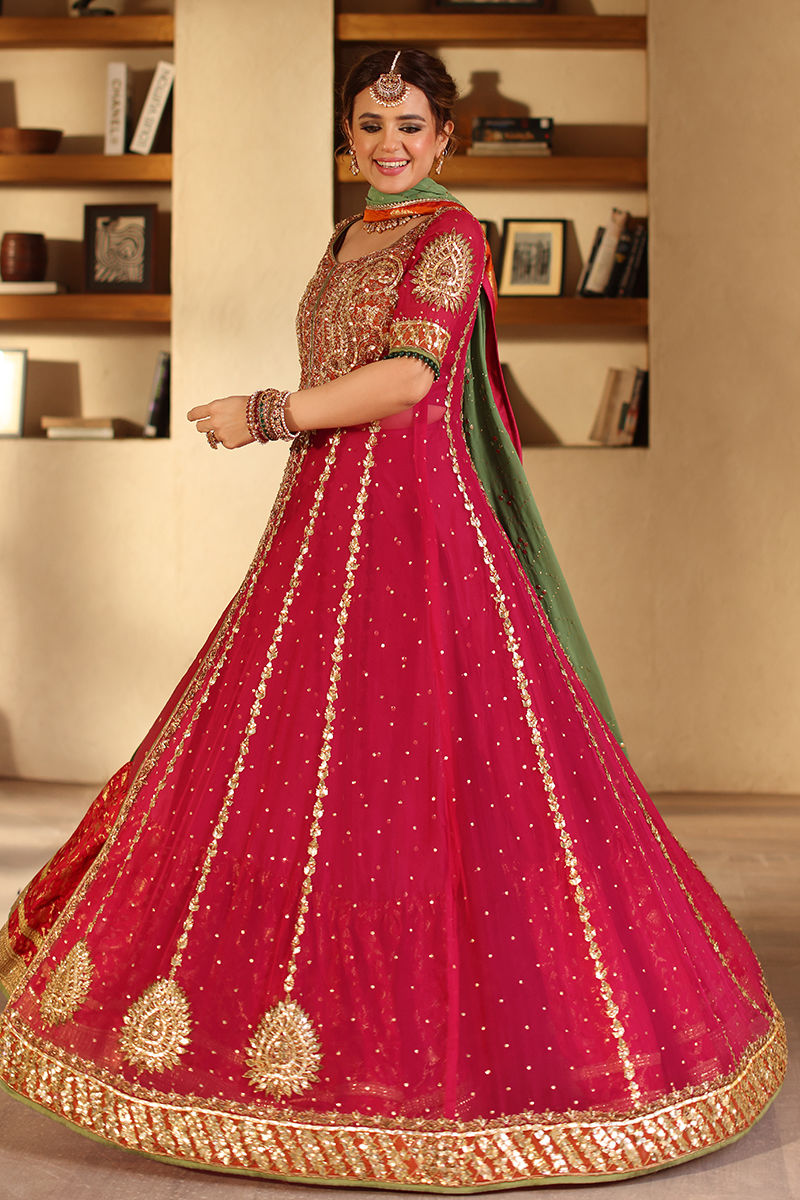 Pink Zardozi Chiffon Kalidaar Lehenga (3-Piece) - Image 3