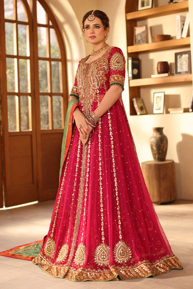 Pink Zardozi Chiffon Kalidaar Lehenga (3-Piece) - Image 5