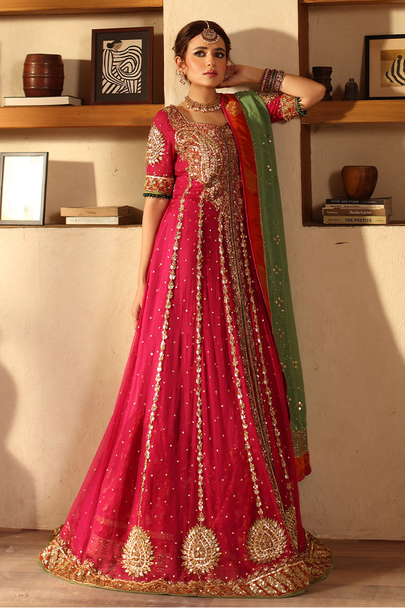 Pink Zardozi Chiffon Kalidaar Lehenga (3-Piece) - Image 6