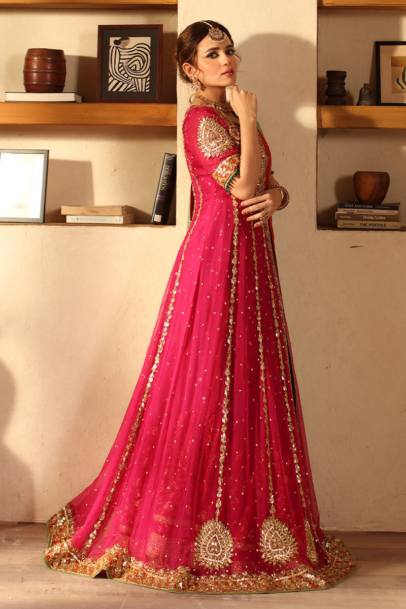 Pink Zardozi Chiffon Kalidaar Lehenga (3-Piece) - Image 8