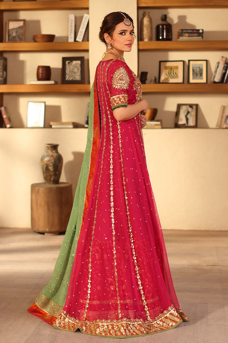 Pink Zardozi Chiffon Kalidaar Lehenga (3-Piece) - Image 9