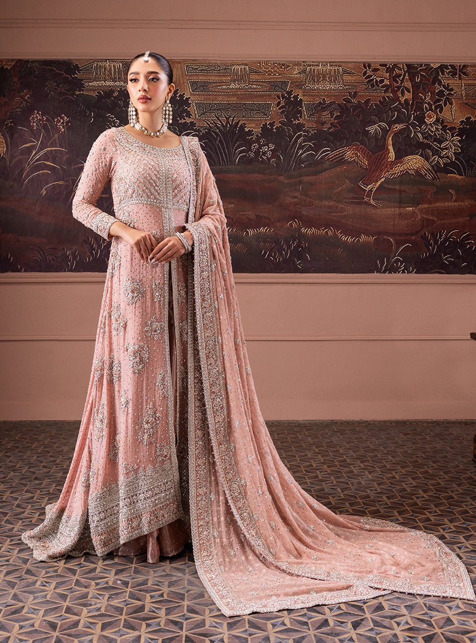 Rose Pink Zardozi Chiffon Bridal Lehenga (3-Piece) - Image 5