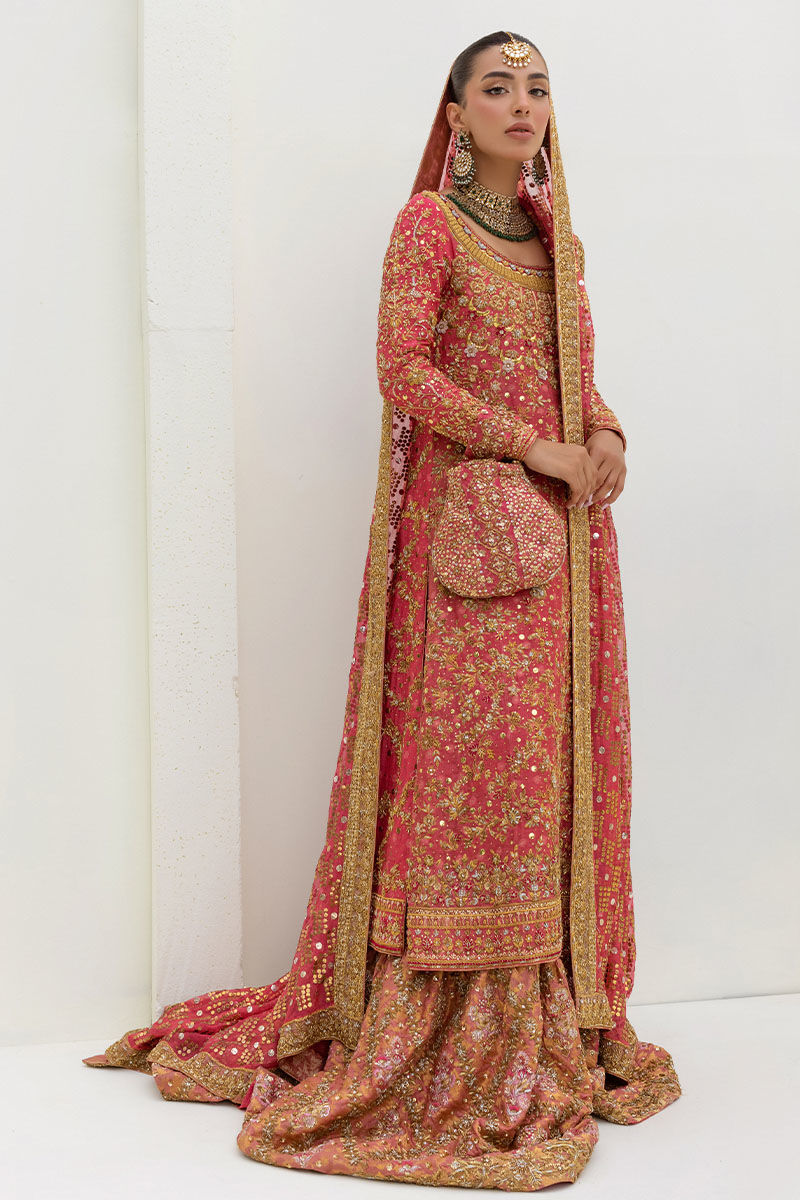 Watermelon Embroidered Cotton Net Farshi Lehenga (3-Piece) - Image 1