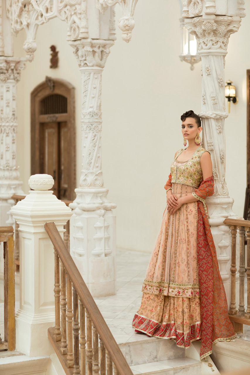 Peach Hand-Embroidered Cotton Net Lehenga (3-Piece) - Image 1