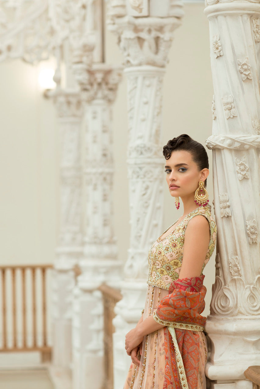 Peach Hand-Embroidered Cotton Net Lehenga (3-Piece) - Image 3