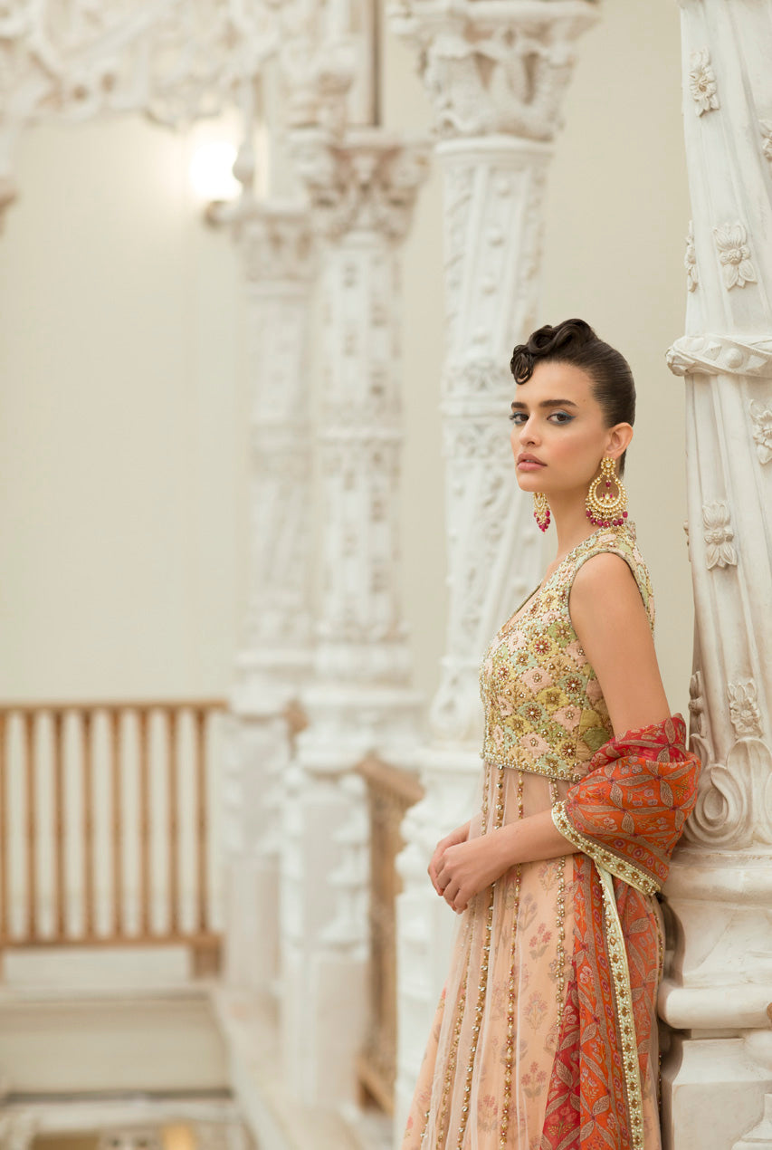 Peach Hand-Embroidered Cotton Net Lehenga (3-Piece) - Image 4