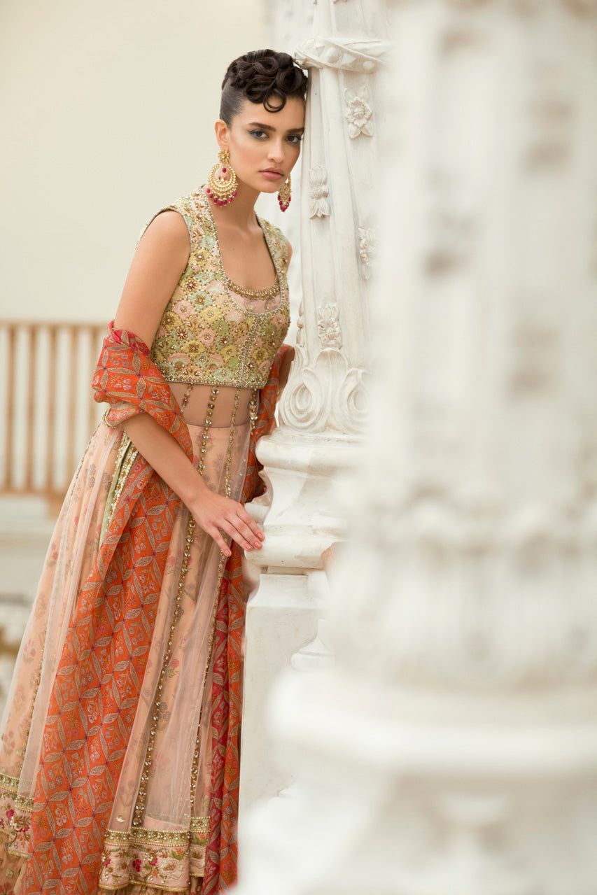 Peach Hand-Embroidered Cotton Net Lehenga (3-Piece) - Image 5