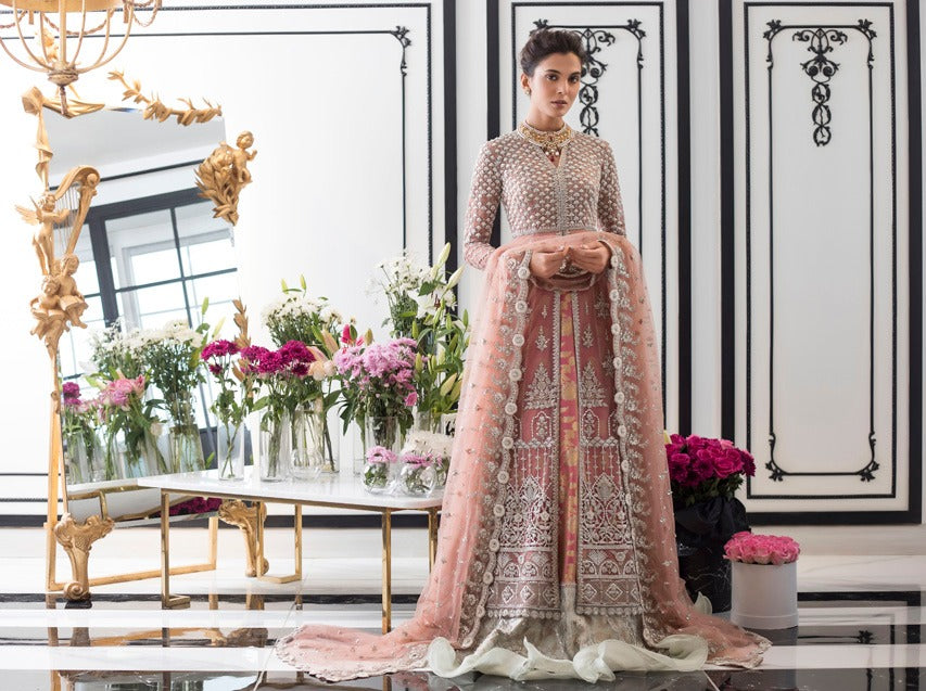 Rose Pink Embroidered Cotton Net & Jamawar Bridal Lehenga (3-Piece) - Image 1