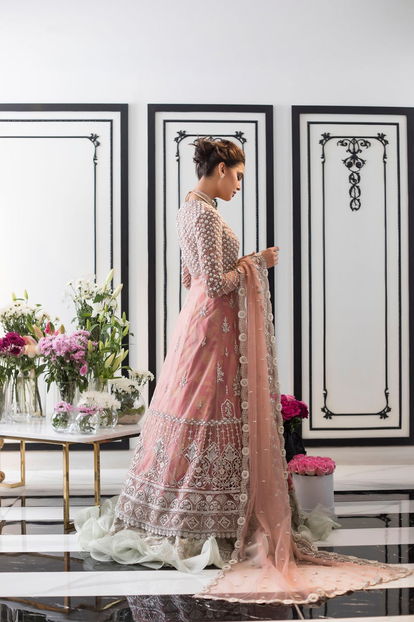 Rose Pink Embroidered Cotton Net & Jamawar Bridal Lehenga (3-Piece) - Image 2