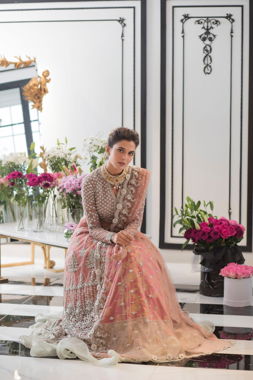 Rose Pink Embroidered Cotton Net & Jamawar Bridal Lehenga (3-Piece) - Image 3