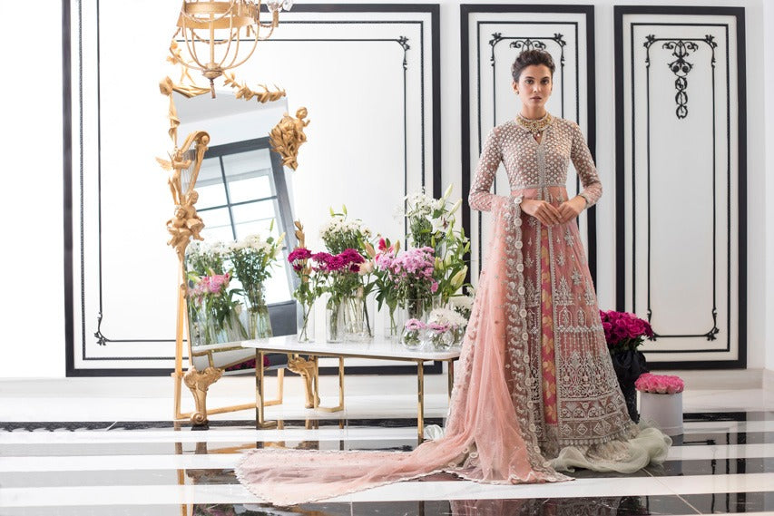 Rose Pink Embroidered Cotton Net & Jamawar Bridal Lehenga (3-Piece) - Image 4